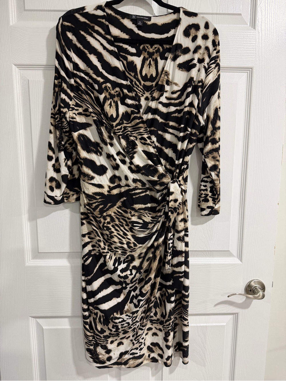 INC International Concepts Black & Cream Animal‑Print Wrap Midi Dress